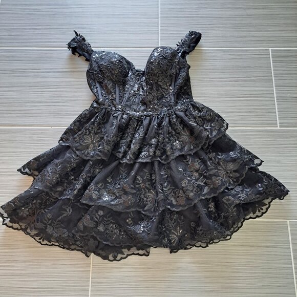 Gothic Women's Mini Dress Black Size 6 Boning Corset Tulle Fairy Whimsygoth - Picture 8 of 12